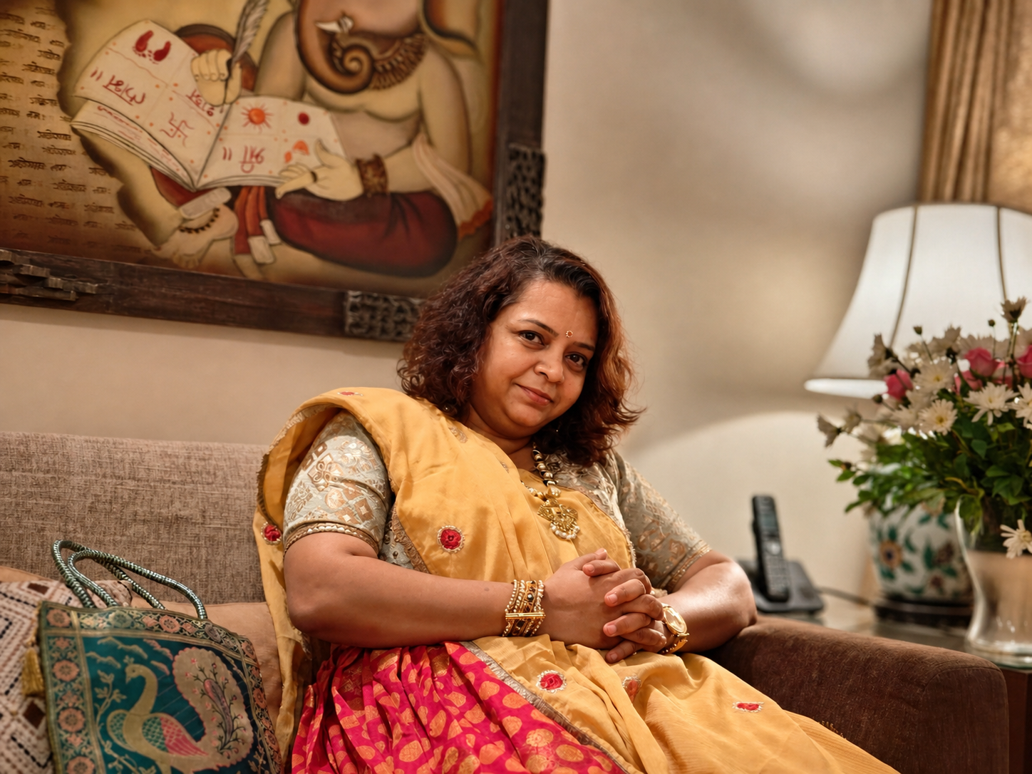Purvi Shah seated at home in a yellow silk saree, with a Ganesha painting in the background.