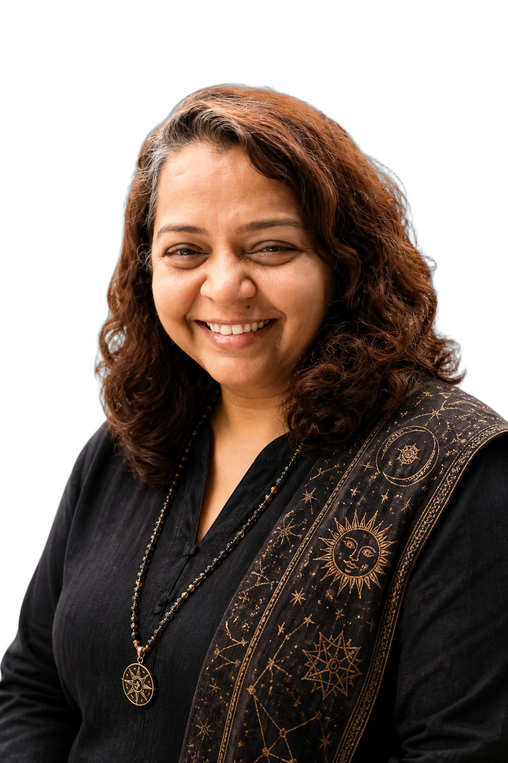 Portrait of Purvi Shah, wearing a black kurta with a gold celestial-embroidered scarf.